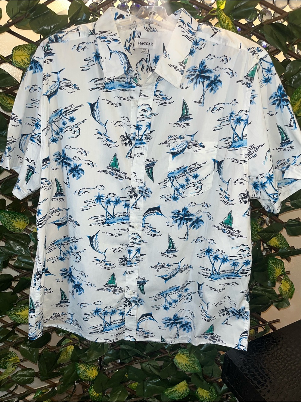Haggar Men's White Blue Tropical Print Short Sleeve Casual Button Up Shirt 2XL